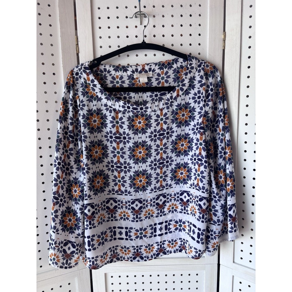 Finn & Grace Boxy Round Neck Semi Sheer Geo Print Blouse Women's Small